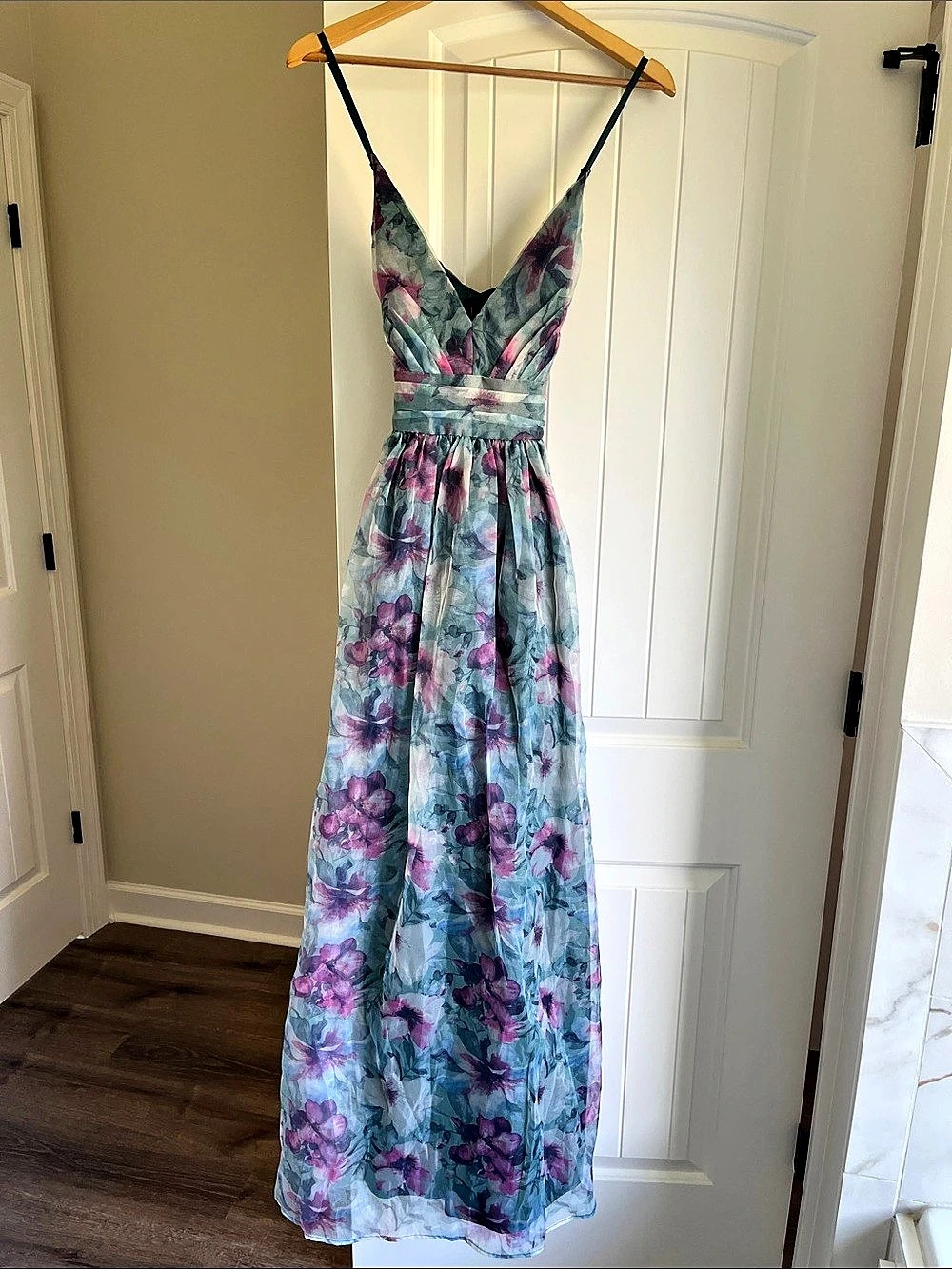 Lulus Romance That Wows Dark Teal Floral Print Organza Maxi Dress NEW WITH TAGS